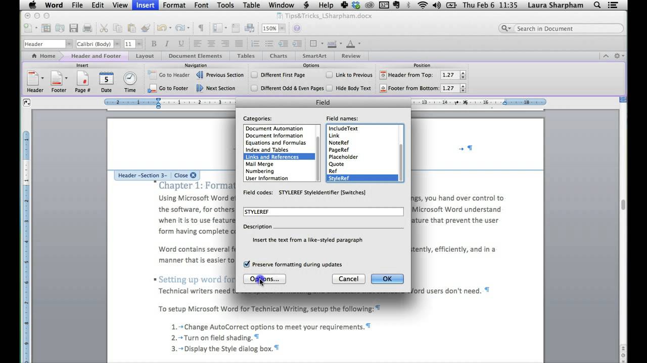 word for mac 2011 insert header